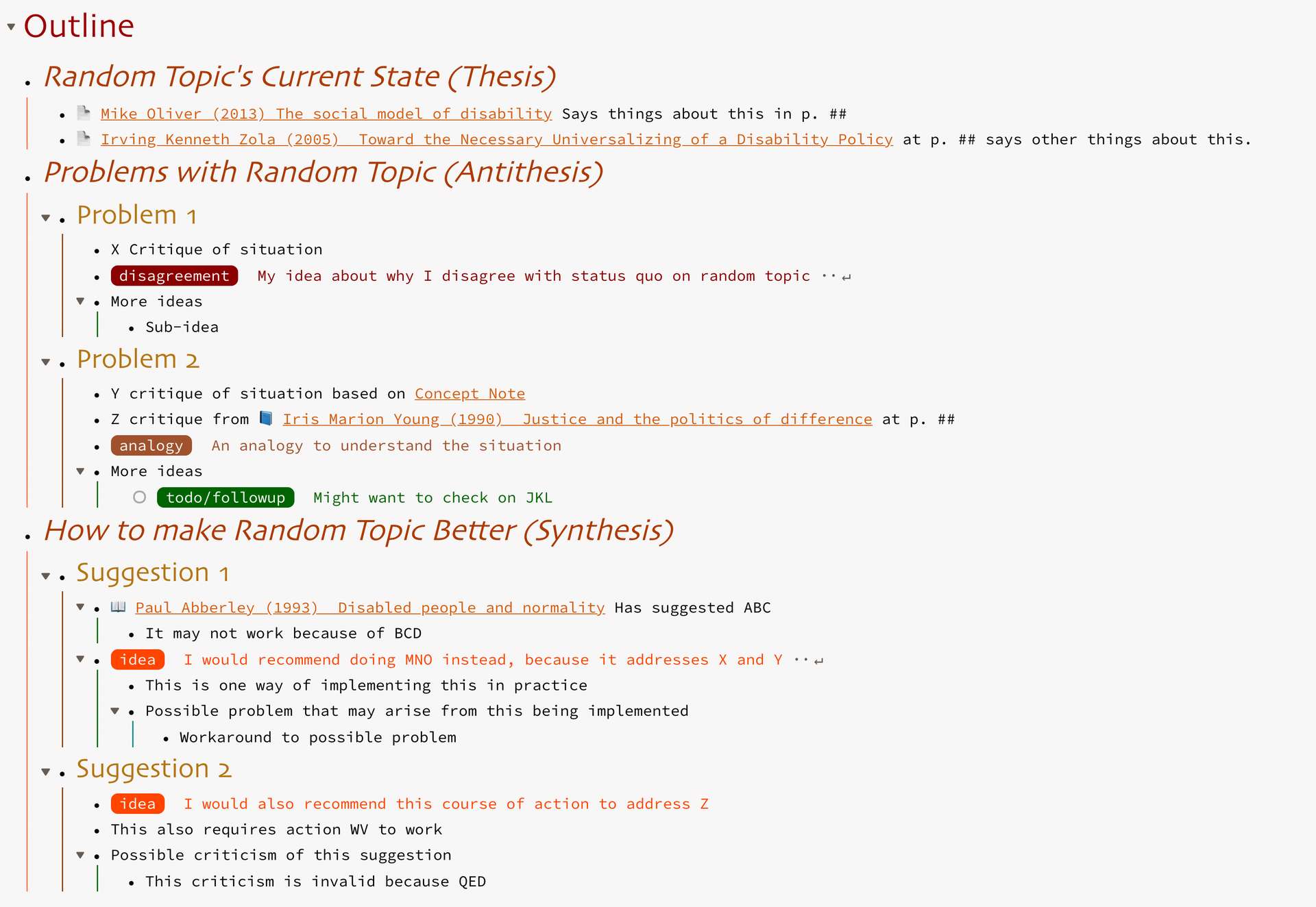 List-based-Outline of "Random Topic" with Headers of different levels for Current State (Thesis), Problems (Antithesis), and How to make it Better (Synthesis). Points are sometimes tagged and colour coded. The outline includes links to books and articles along with the page number for the reference.|800